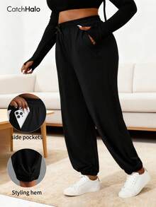 Plus Size Women's Loose Fit Sweatpants, Casual Sports Style, Elastic Waistband With Drawstring, Side Pockets, Tapered Leg, Flattering Silhouette, Suitable For Curvy Figures - Black - View 4