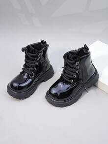 Girls' Flower Lace-Up Zipper Boots, Casual Slip-Resistant Patent Leather Warm Ankle Boots For Kids, Toddlers, Children, Autumn/Winter - Black - View 1