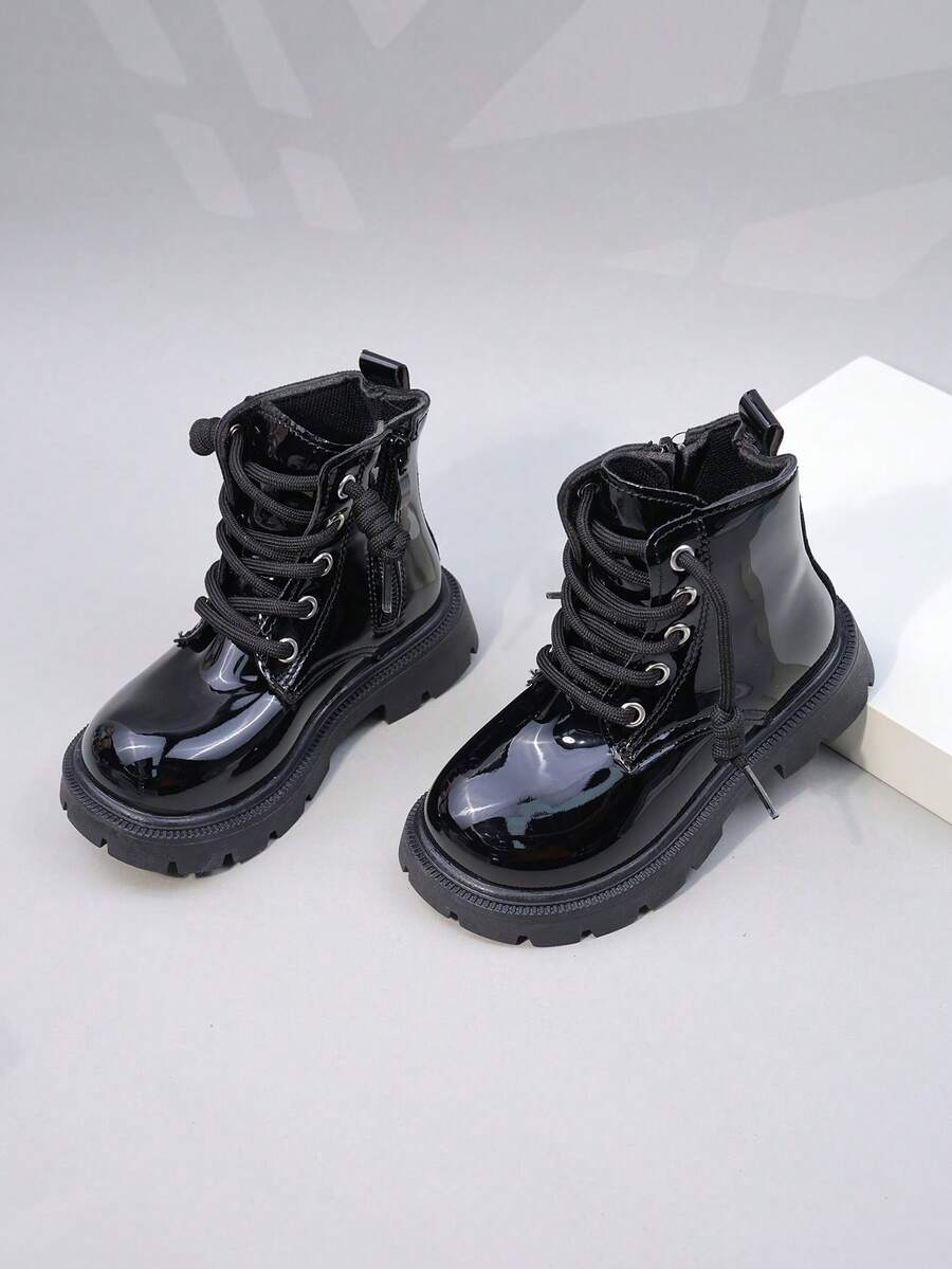 Girls' Flower Lace-Up Zipper Boots, Casual Slip-Resistant Patent Leather Warm Ankle Boots For Kids, Toddlers, Children, Autumn/Winter - Black - View 1