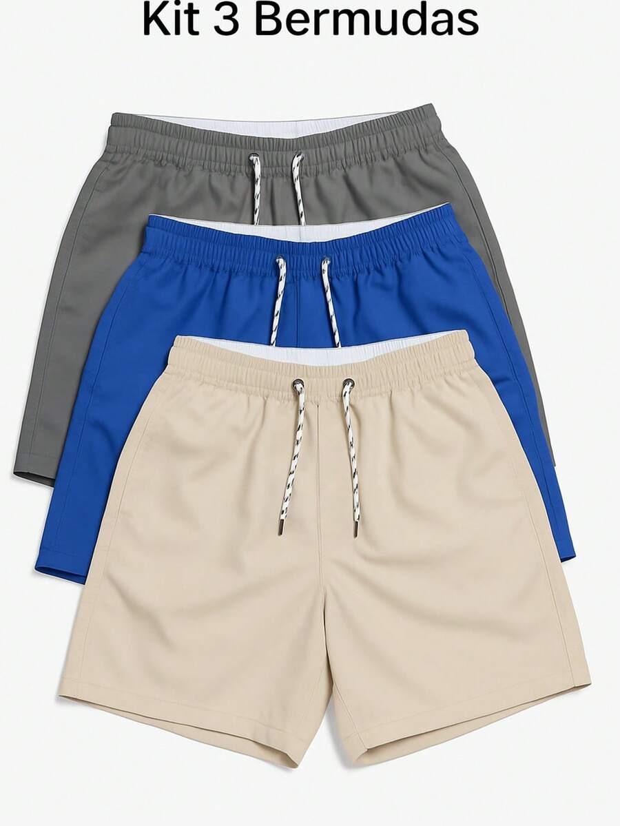 Kit Of 3 Men's Spandex Shorts With Pockets, Adult Style, Surf, Beach, Pool, Quick-Drying, Gym, Workout - 灰色/皇家藍/米色 - 查看 1