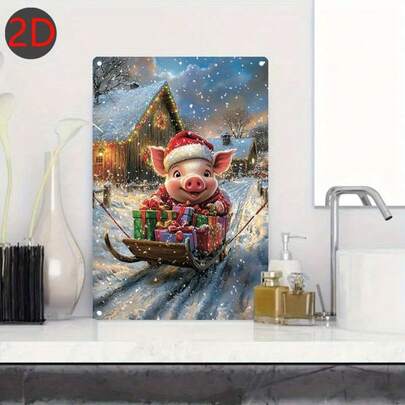 1 pezzo, 20x30cm Cartello in alluminio, Slitta di Natale con maiale e regali, Decorazione murale natalizia 3D, cartellone metallico festivo per casa, cucina, sala da pranzo, camera da letto, giardino, decorazione interna ed esterna