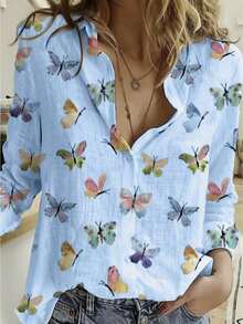 Women's Cotton Linen Blouse With Long Sleeves, Plus Size - Azul celeste-BL4 - Ver 1