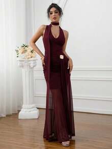 HOMEYEE 女士优雅V领网纱露背系带连衣裙，纯色修身正式礼服，适合度假、通勤、聚会、派对、正式晚宴、鸡尾酒会、约会、婚礼派对等场合。 - 酒紅色 - 查看 7