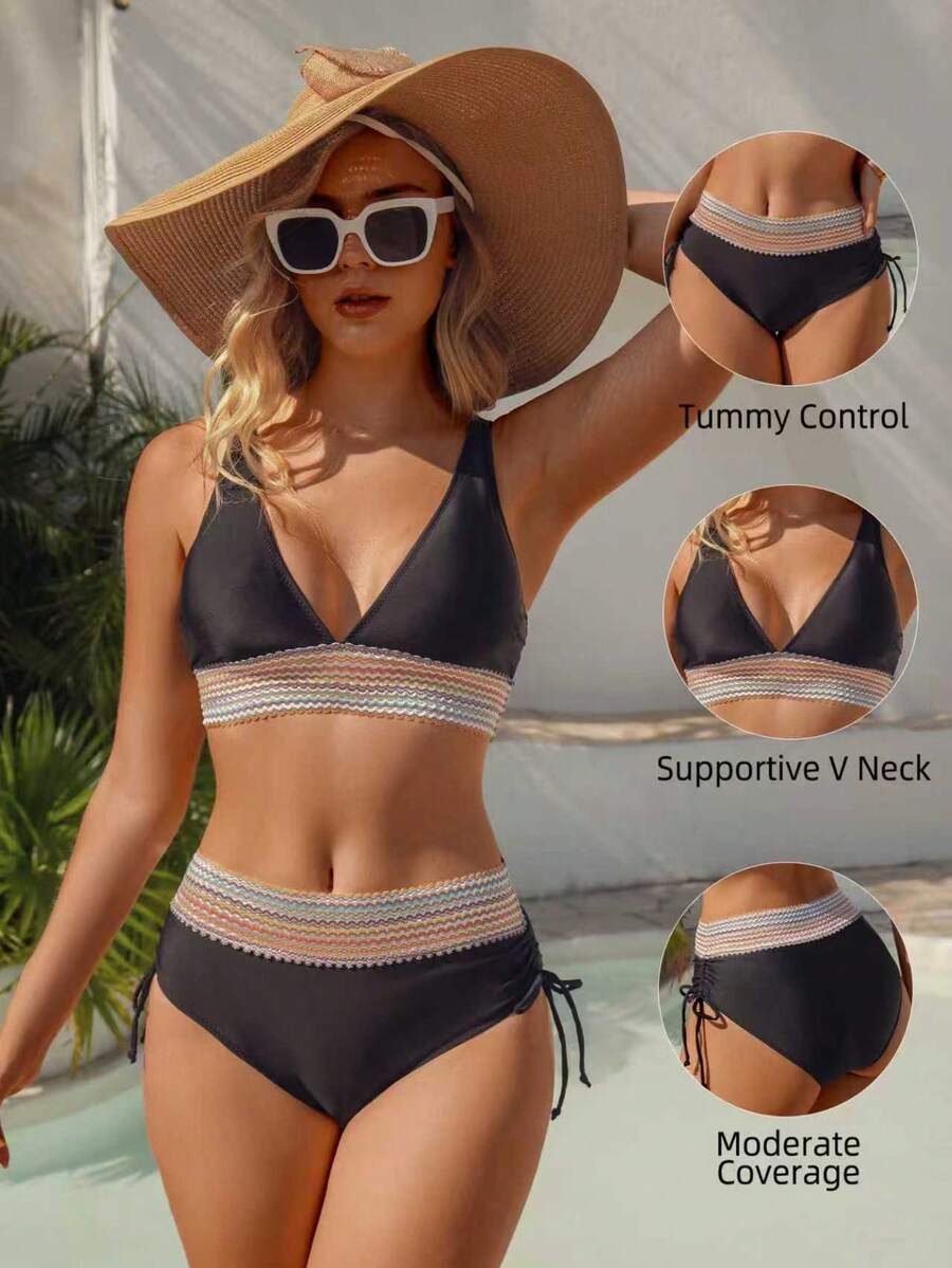 Elegant Sexy Deep V Neck Bikini Set For Women With Tie Side Drawstring Bottom And Tummy Control Detail High Stretch Fabric Backless Design - Black - View 1