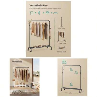 Clothes Rack, Single - Rod Clothing Rack With Wheels, Heavy - Duty Metal Frame, Garment Rack, 110 Lb. Total Load, 40. Inches Wide, Clothes Storage And Display, Ink Black UHSR131B01