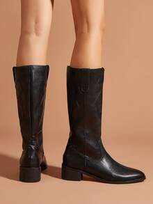 秋冬新款时尚休闲靴，女士尖头性感粗跟过膝长靴 - 黑色 - 查看 4