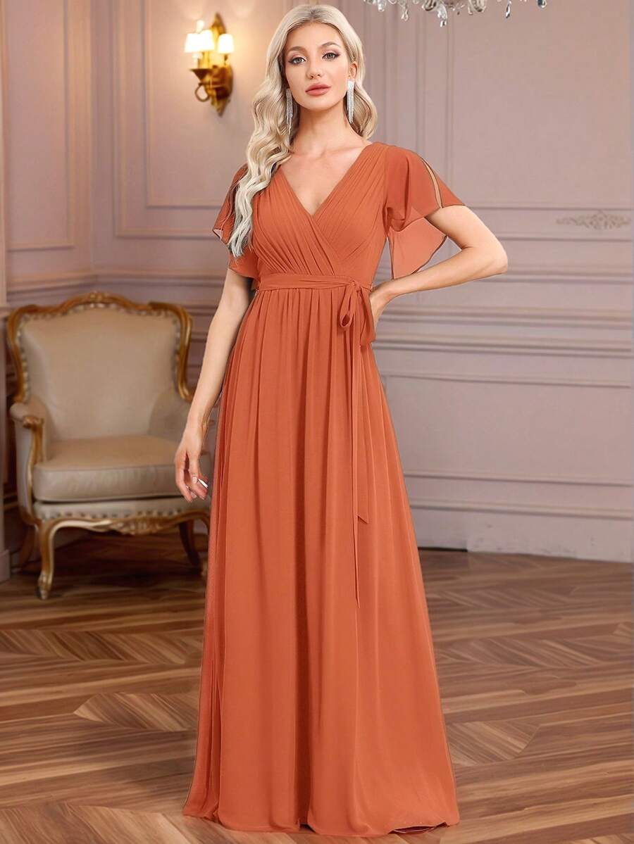 EVERPRETTY 蝴蝶袖系带露背V领纯色裹身优雅雪纺紫色伴娘礼服、婚礼宾客礼服、春季半正式礼服