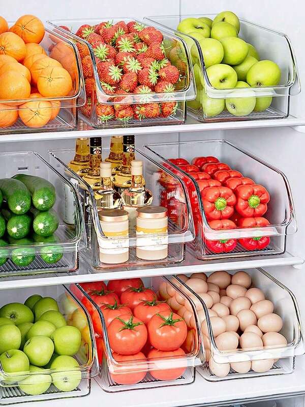 1 pieza Caja de almacenamiento para refrigerador, Contenedor de almacenamiento resistente y transparente, Cubo de almacenamiento apilable de gran capacidad para refrigerador, congelador, gabinete de cocina, despensa, caja de almacenamiento y gabinete de cocina, accesorios de cocina, organizador de refrigerador, caja de bocadillos, contenedores de especias, Día de San Valentín Regreso a la escuela