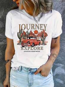 Camiseta 100% algodón Vintage para Mujer - Cuello Redondo Suave, Esencial para Looks Casuales y Formales - Lavable a Máquina, Primavera/Verano, Estampado Geométrico, Material Transpirable, Manga Corta, Moda de Temporada - Blanco - Ver 2