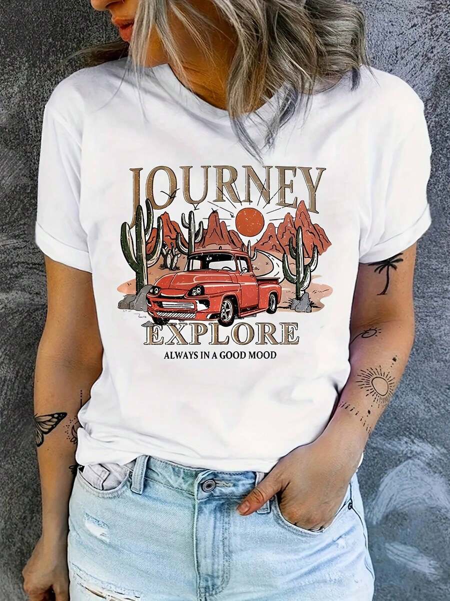 Camiseta 100% algodón Vintage para Mujer - Cuello Redondo Suave, Esencial para Looks Casuales y Formales - Lavable a Máquina, Primavera/Verano, Estampado Geométrico, Material Transpirable, Manga Corta, Moda de Temporada