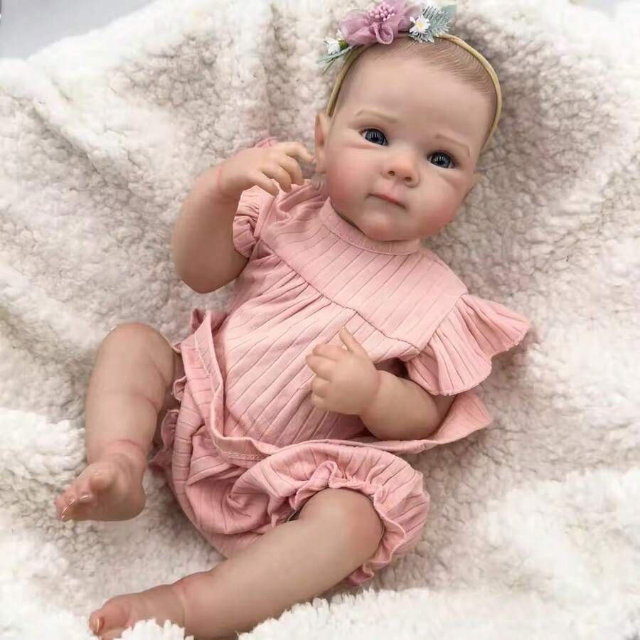 Reborn Baby Doll Ana, Silicone Body, Painted Hair, Mundo Kids - Rosa Pálido - Ver 1