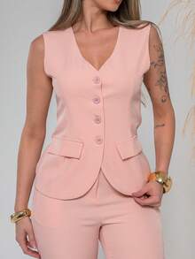Elegant Plain Vest And Trousers Set C3302 - 藕粉色 - 查看 7