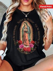 Women's Casual Faith-Inspired T-Shirt - Short Sleeve Crew Neck With Virgin Mary & Floral Print, Soft Stretch Fabric, Machine Washable, Black - màu đen - Xem 2
