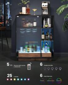 VASAGLE Aparador, Armario Bar Vino con Luces LED, con Almacenaje para Vino, Bar Café Licor, con Portavasos, Puerta de Vidrio Acanalado, para Sala de Estar, Negro Ébano - Negro - Ver 4