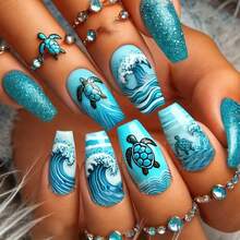 24-Piece Wearable Medium-Length Ballet Blue Turtle Print Removable Press-On Nails, Reusable False Nails, Suitable For Women's Parties, Dances, And Daily Use. Party Nails, Special Occasion Nails, Gradient Patterns, Reusable Nails, Press-On Nails, Stick-On Nails, Nail Stickers, Beauty Lovers, Nail Art Enthusiasts - 藍色 - 查看 6