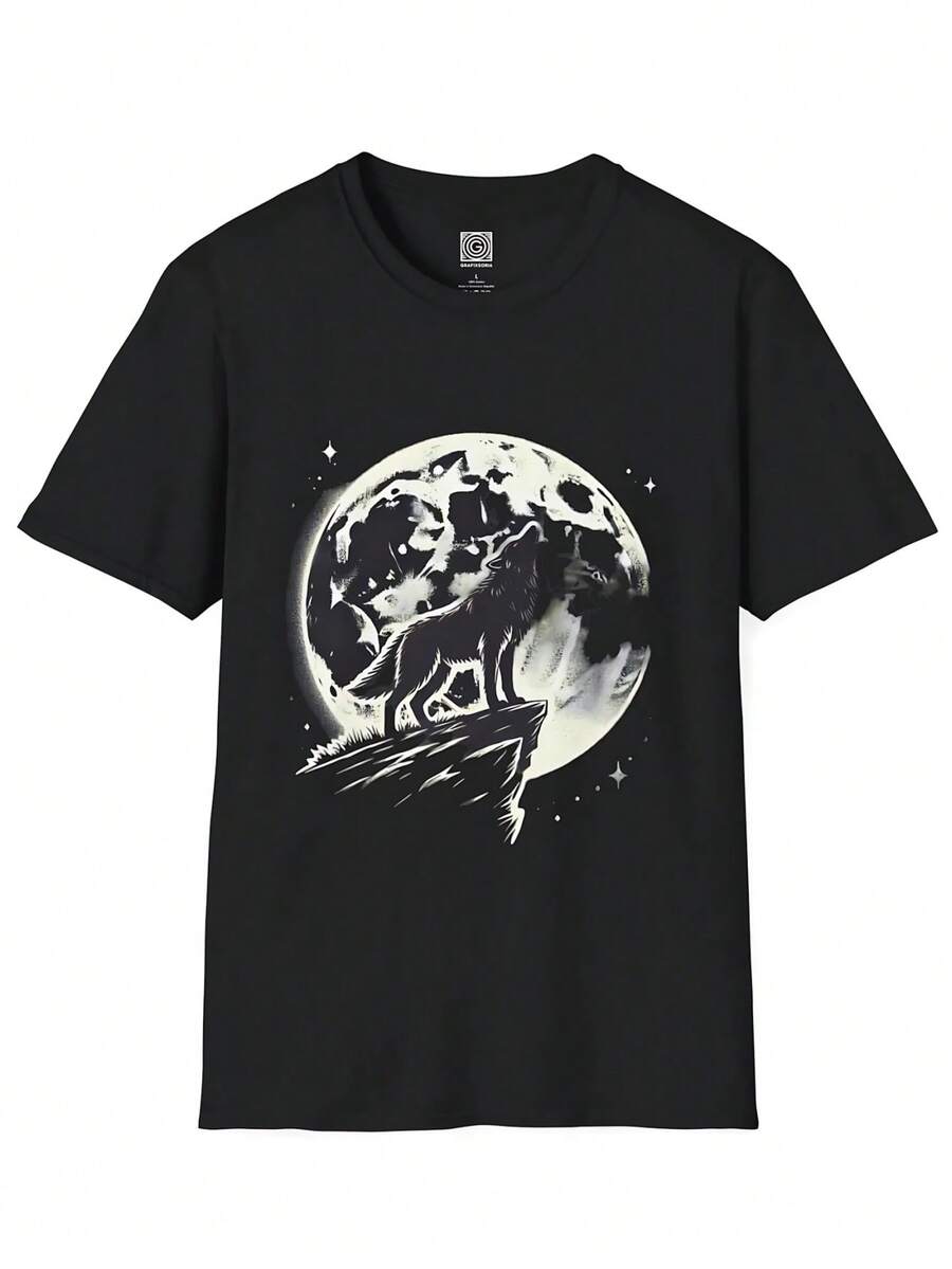 Best Selling Fashion New Animal Spirit T-Shirt,  Graphic Tee, Moon Howling Unisex Shirt, Nature Lover Gift, Wildlife Rel - 黑色2 - 查看 1
