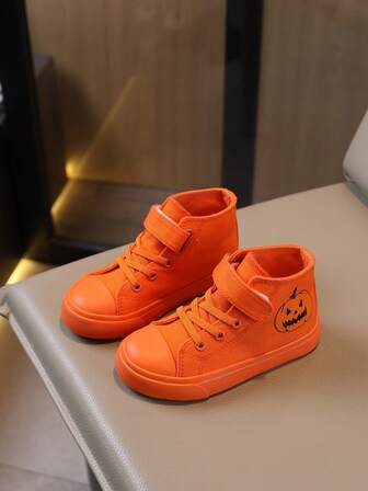 Mid-Top Orange Children's Canvas Shoes, Casual Spring Girls Canvas Shoes, Outdoor Student Shoes, Breathable Boys Casual Shoes