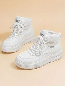 Women's Casual Sneakers, New High-Top Skateboard Shoes, Thick Sole Elevator Flat Round Toe Slip-On Skate Shoes, White, Breathable Deodorizing Personalized Street Style Motorcycle Boots, Outdoor Travel Holiday Leather Motorcycle Boots - White - View 10