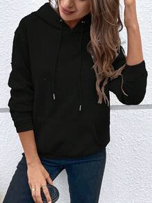 Women's Solid Hoodie - Casual Long-Sleeved Pullover With Drawstring. Made Of Soft Polyester For A Comfortable, All-Season Fit. A Casual Hoodie | Minimalist Design | Sleek, Textured Sweatshirt. Fashionable Long-Sleeved Top For Girls Outdoors. Direct From Our Local Warehouse. - màu đen - Xem 2