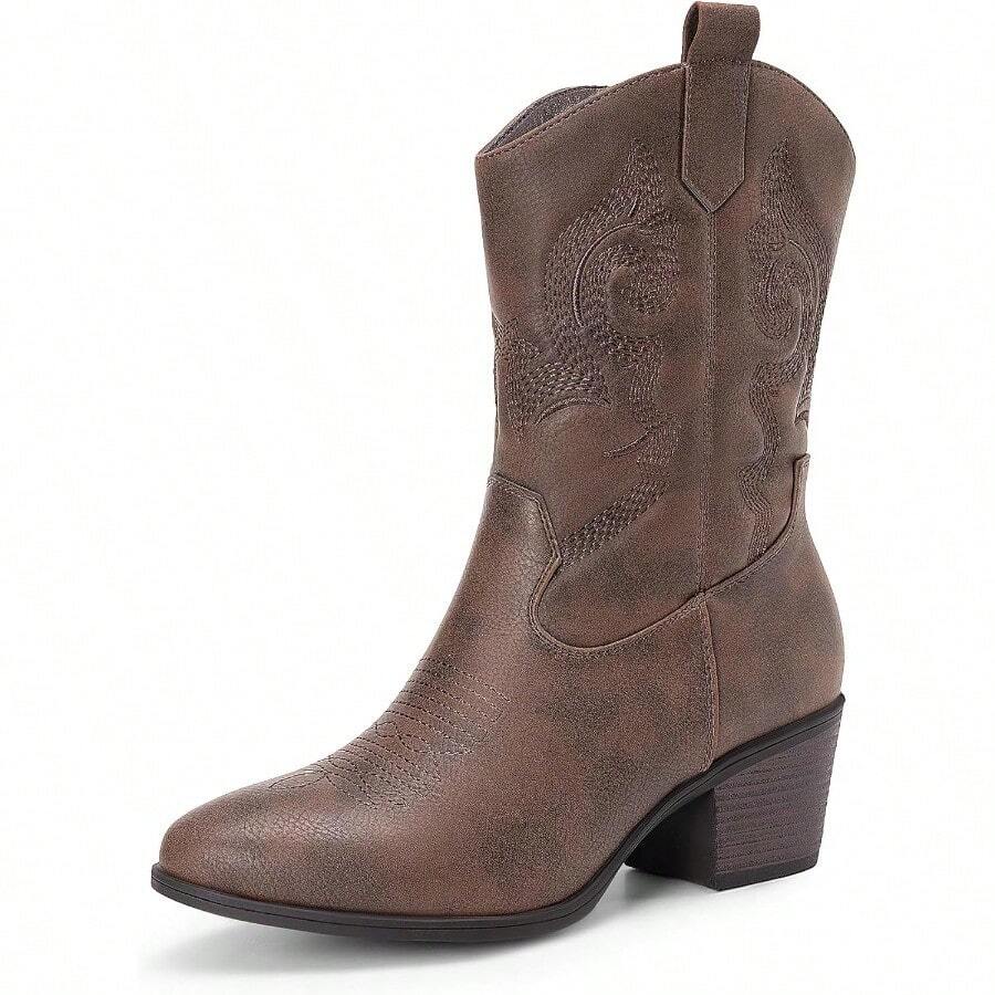 Cowboy Boots For Women Mid Calf Cowgirl Boots With Embroidery Round Toe Western Chunky Low Heel Shoes - Nâu+7 - Xem 1