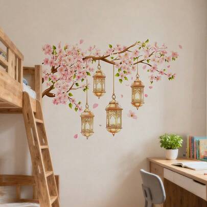 植物花卉墙贴，采用PVC自粘材料制成，适用于出租房装修/卧室美化/节日装饰，包含蝴蝶花藤、绿叶元素，ins风家居墙面装饰。