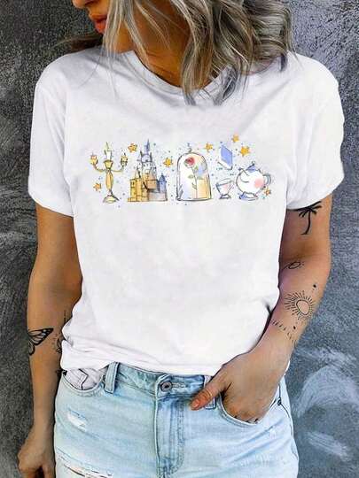 Women's Casual Short Sleeve Round Neck Cartoon Letter Print T-Shirt Tshirt Baumwolle Damen Oberteile Sommer