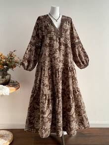 Rusttydustty 大码波西米亚复古印花撞色蕾丝宽松连衣裙，休闲度假风，优雅假日春季连衣裙 - 棕色 - 查看 1