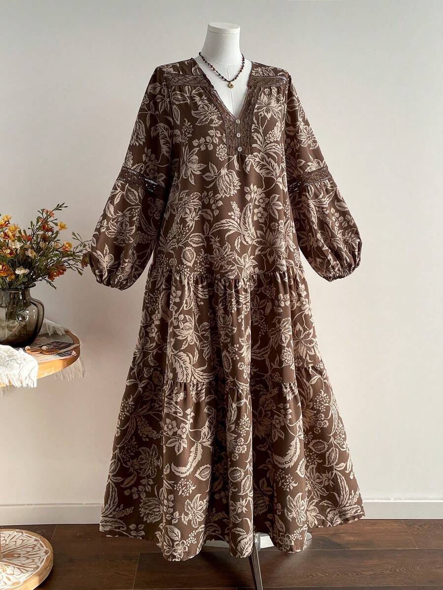 Rusttydustty 大码波西米亚复古印花撞色蕾丝宽松连衣裙，休闲度假风，优雅假日春季连衣裙 - 棕色 - 查看 1