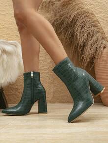 女士时尚新款靴子，军绿色鳄鱼纹PU皮革，简约性感百搭，通勤、办公、派对皆宜，侧拉链超高粗跟尖头踝靴，机车靴 - 軍綠色 - 查看 3