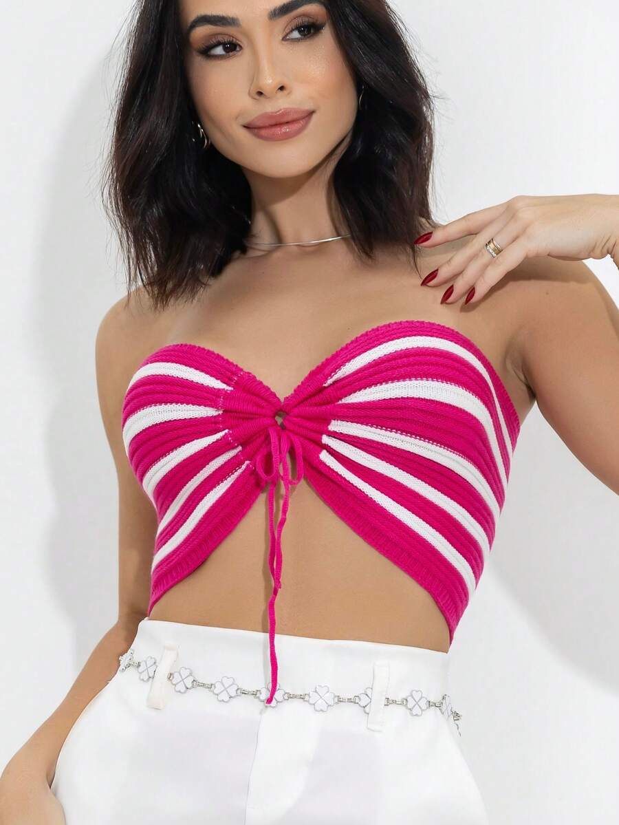 Swisz Women's Cropped Top With Multi-Shape Ties, Modal Knit, Summer Fashion