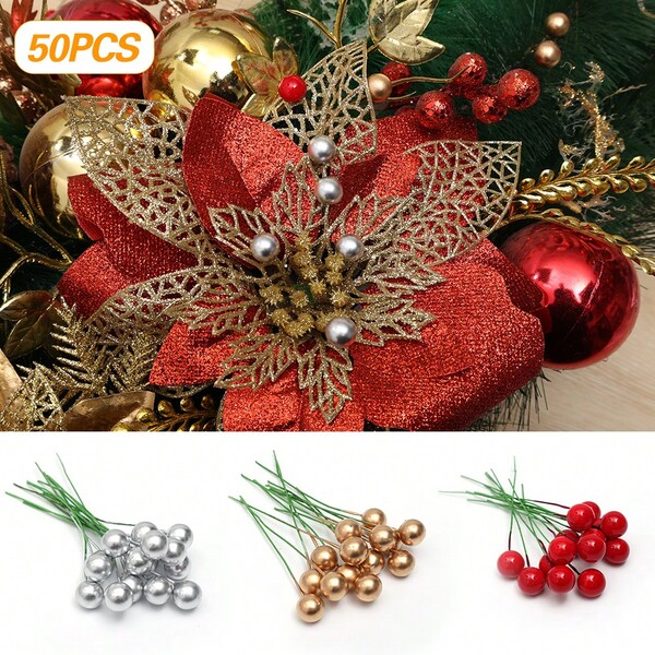 50 Stück Mini künstliche Plastikbeeren, rote/goldene/silberne Dekobeeren für DIY Basteleien, Kränze, Valentinstag und Neujahrsdekoration