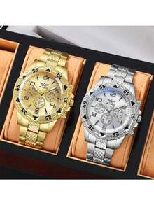 2pcs/Set Luxury Elegant Business Digital Scale Design Men's Steel Strap Watch Set, An Ideal Gift Choice - Gold - View 5
