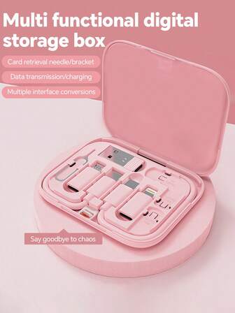 Kit de adaptador de carga USB multifunción 6 en 1, juego de cables de datos y caja de almacenamiento, cable cargador de silicona USB Tipo-C a Lightning, juego de cables de datos con transferencia de datos y almacenamiento de tarjetas, soporte para teléfono, aguja para tarjetas, almacenamiento de tarjetas de llamada, almacenamiento de cables de datos. Carga rápida compatible con iPhone 17/16/15/14/13/12/Android/Micro, compatible con Samsung, tabletas