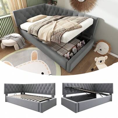 Upholstered Daybed 90x190cm, Sofa Bed With Hydraulic Storage, Child/Teen Bed, Bed Frame With Wooden Slatted Base, Velvet, Grey, Without Mattress.