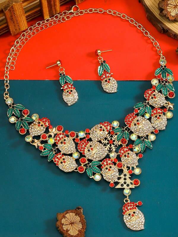 Strass-Halskette und Ohrringe mit Weihnachtsmann- und Weihnachtsbaummotiv, Strass-Halskette und Ohrringe mit Schneeflockenmotiv, Weihnachtsgeschenkset für Frauen, kann als Geschenk an Freunde verschenkt oder als Dekoration für Weihnachtsfeierkleider verwendet werden.