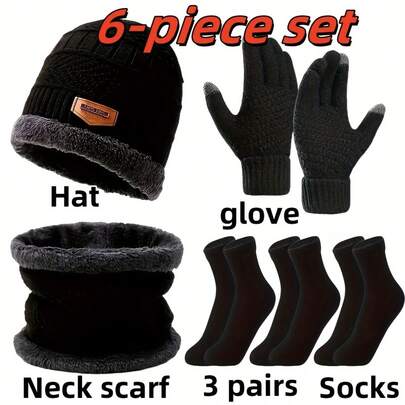 Set invernale da 6 pezzi composto da cappello, sciarpa, guanti, paraorecchie e calze, adatto come regalo, set rinforzato e caldo, unisex