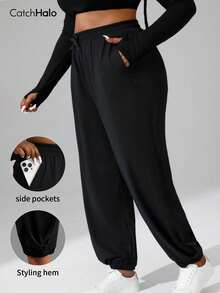 Pantalones jogger de talla grande para mujer con cintura con cordón, negro, cintura elástica, bolsillos laterales, bajo con puño, adecuado para fitness, yoga, uso diario - Negro - Ver 4