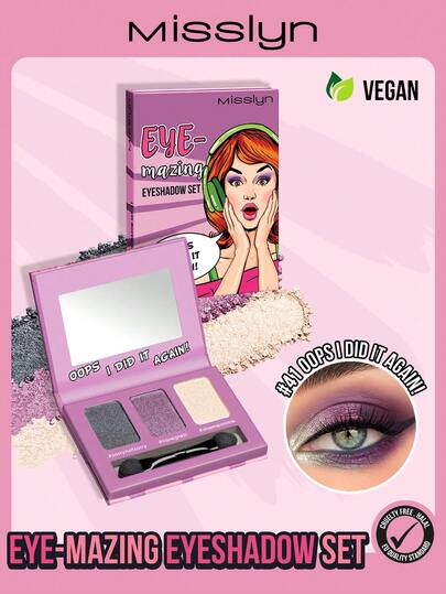  MISSLYN 三色眼影盘，配有镜子和眼影刷，哑光、珠光和闪片三种质地，柔滑细腻，适合敏感肌肤。彩妆品牌，面部彩妆，女士及女孩适用，冬季必备，Y2K风格，百搭，生日礼物，情人节礼物，派对必备，新年礼物，色彩搭配，无动物实验，纯素配方。