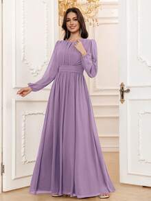 Volly Toych 淡紫色优雅A字型圆领长袖及地雪纺伴娘礼服，婚礼宾客礼服，无衬里袖子 - 淺灰紫 - 查看 6