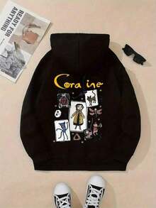 Popular Hoodies For GirlsWomen's Fashion Hooded Sweatshirt, Featuring &Lt; Coralline &Gt; Cartoon Pattern, Material, Long Sleeve Pullover Design, Suitable For All Seasons, Regular Fit, Machine Washable, Halloween, Christmas GiftsFashionable Women's Clothingroomy And Comfortable - 黑色 - 查看 2