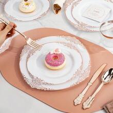 175PCS Gold Plastic Plates 25 Guests, Disposable Dinnerware Sets Include Gold Rim Plastic Plates, 25 Silverwares, 25 Cups, And 25 Pre Rolled Napkins Party, Wedding, Graduation - Rose Gold + 25 Guests Set - View 6