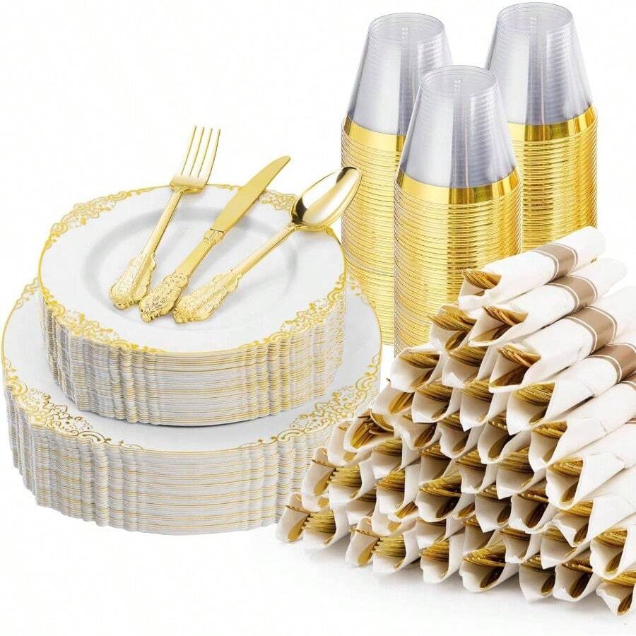 350PCS Gold Plastic Plates 50 Guests, Disposable Dinnerware Sets Include Gold Rim Plastic Plates, 50 Silverwares, 50 Cups, And 50 Pre Rolled Napkins Party, Wedding, Graduation - Gold + 50 Guests Set - View 1