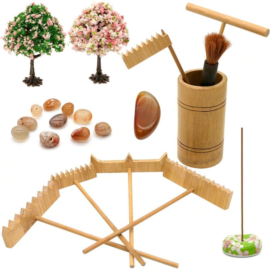 Zen Garden Rake Tool Accessories - Japanese Sand Zen Bamboo Rakes Tools Set, Office Relaxation Gifts With Healing Stones Zen Garden Decor For Man Woman Father Mother Birthday Gifts - 耙子 N2 - 查看 1