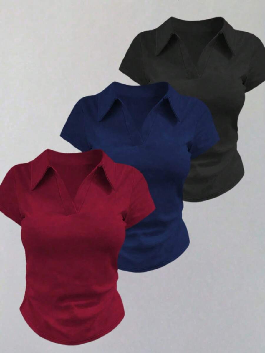 3-Piece Set: Women's Plain Short-Sleeve Polo Shirt, Ribbed Cotton Fabric, Basic Style - 黑色 + 藏青色 + 酒紅色 - 查看 1