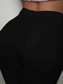 Quần jeans nữ cạp cao dáng ôm ống loe, cài một nút, chất liệu denim co giãn, màu trơn, phù hợp cho tiệc tùng và mặc hàng ngày, phong cách thường ngày, màu đen, mùa xuân. - màu đen - Xem 4