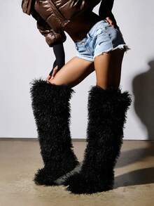 Botas de lujo para mujer, nuevas, peludas y esponjosas, por encima de la rodilla, con punta redonda y suela plana, para invierno, ideales para fiestas, ocasiones elegantes y para la nieve. - Negro - Ver 7