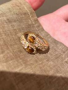 3件套复古虎眼石和立方氧化锆开口戒指套装，适合女士日常佩戴