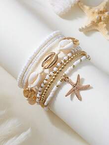 7pcs Bohemian Style Beachy Sea Star, Shell And Rice Bead Elastic Anklet Set, Summer - Multicolor - View 2