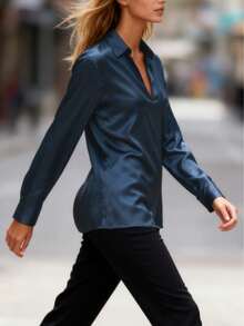 elfnokto Áo kiểu nữ tay dài cổ chữ V màu trơn nhẹ nhàng, thanh lịch, thích hợp mặc đi làm, mùa xuân/thu - Màu xanh lam - Xem 7