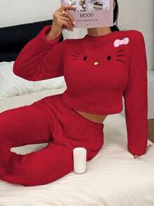 SANRIO 联名款女士舒适双面绒刺绣 Hello Kitty 猫咪短款上衣和休闲家居裤两件套 - 紅色 - 查看 6